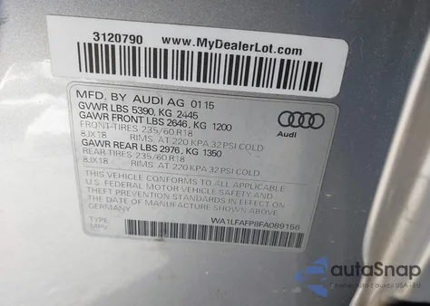2015 Audi Q5 2.0T Premium из США, поврежденный, VIN WA1LFAFP8FA089156